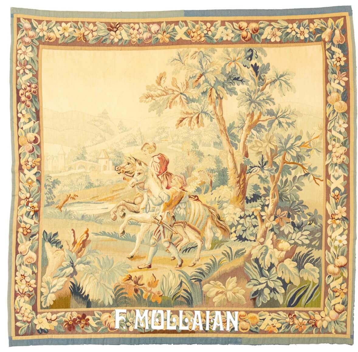 Antique tapestry with a figurative design depicting a noble rider on horseback in a scenic landscape, framed by a floral border in soft beige tones