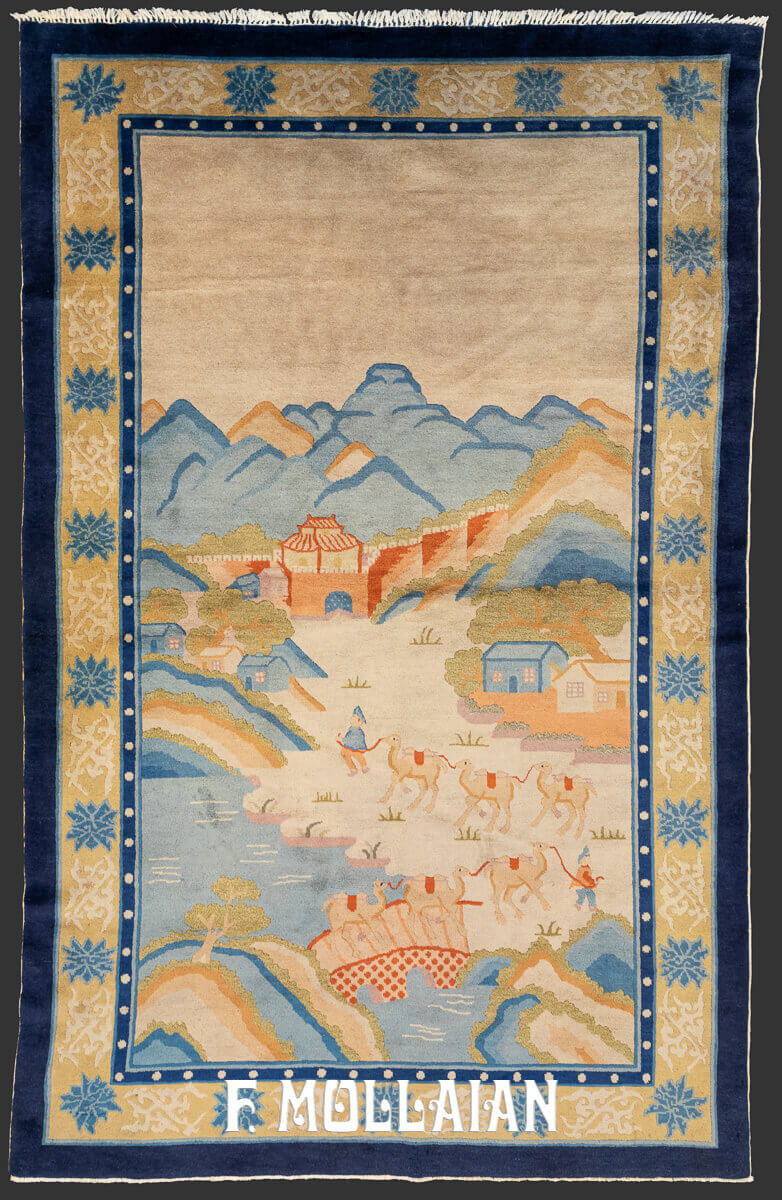 Antique Chinese Peking rug featuring a pictorial design of a camel caravan, Great Wall, and traditional village with a blue and gold floral border