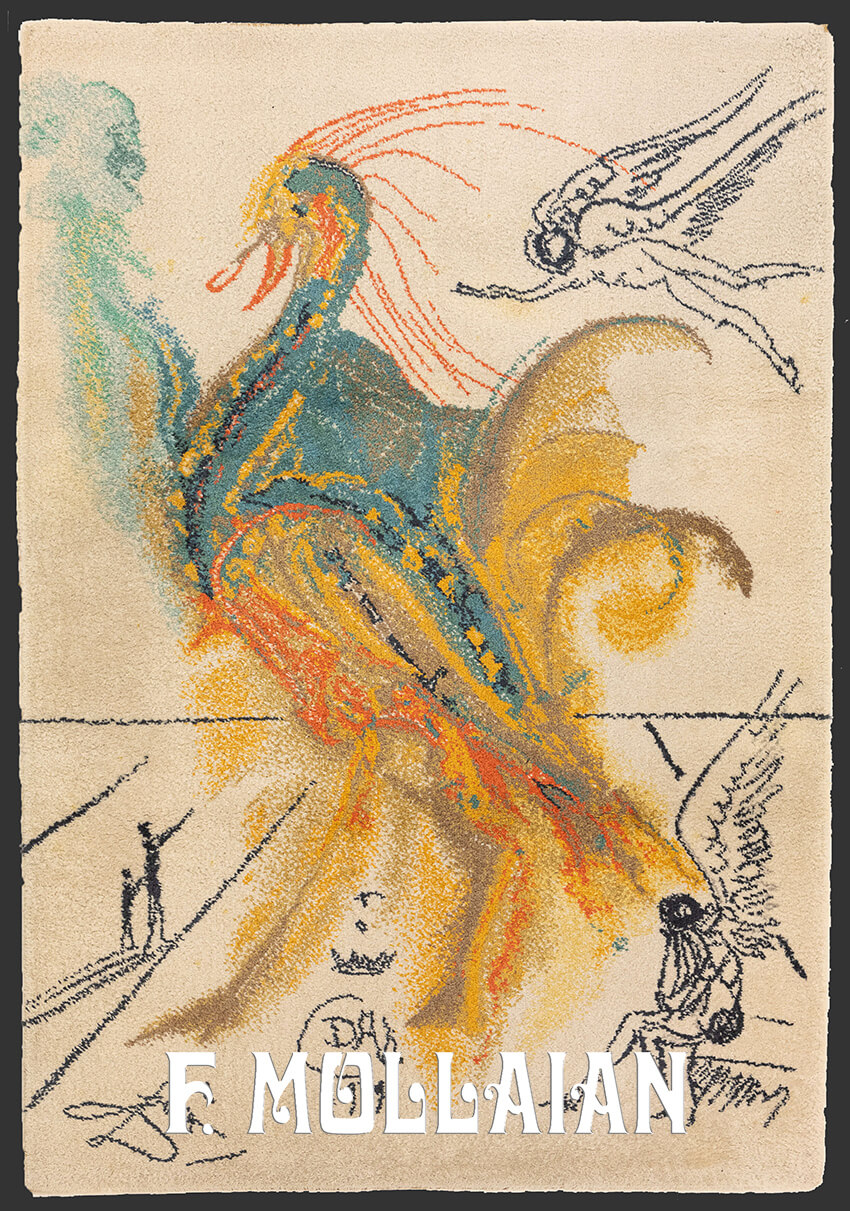 Salvador Dalí European carpet featuring a surrealist design with a colorful bird and abstract figures, showcasing vibrant colors and dreamlike imagery