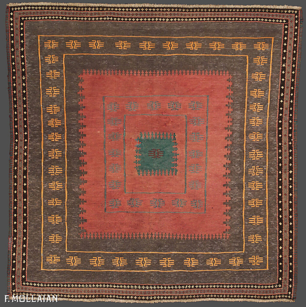Persian Sofreh Kilim, handwoven in wool with a cotton foundation, featuring a bold red and green tribal design with geometric motifs. Circa 1950, 130 × 130 cm.