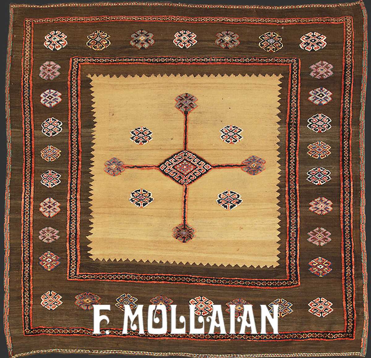 Antique Persian Varamin Sofreh Kilim, handwoven in wool, featuring a geometric open field design with intricate tribal motifs in earthy tones. Circa 1880, 191 × 191 cm.